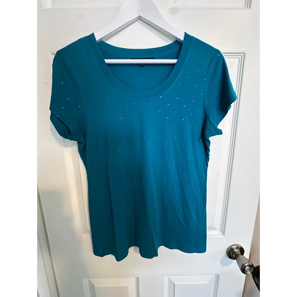 Chaus Sport Womens Teal Blue Rhinestone Studded Scoop Neck‎ Short Sleeve Top M